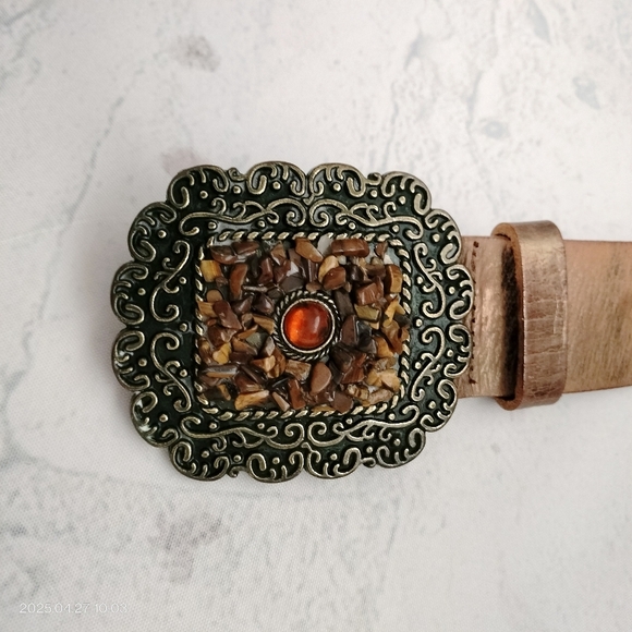 Women's Brown Gold  Brush Tooled Leather Belt with Ornate Buckle Boho Western - Picture 10 of 16